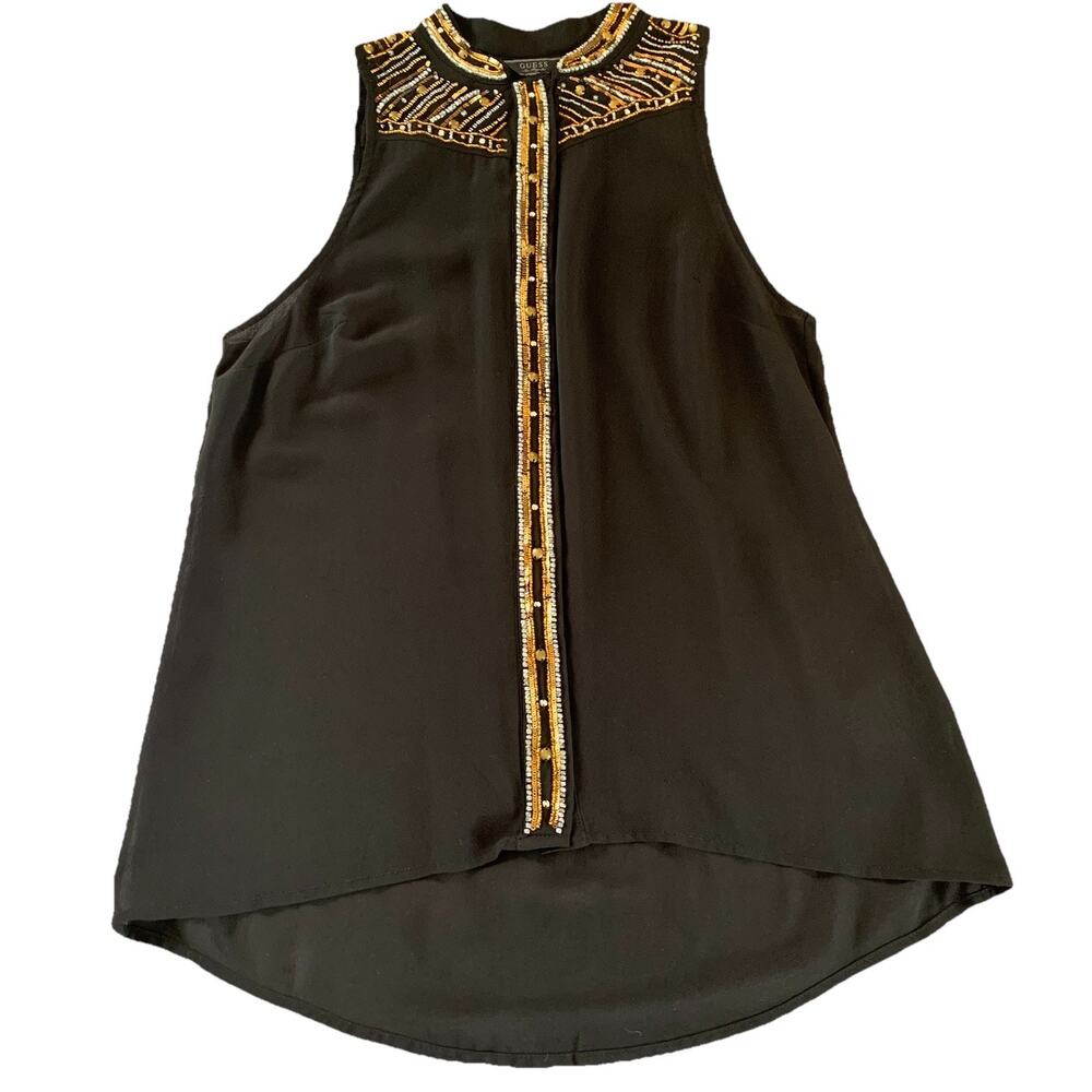 Guess Black Sleeveless Gold Beaded Button Down Shirt Size Small Designer Lux